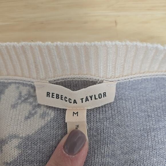 Rebecca Taylor Wool Puff Sleeve Sweater Size Medium Floral Blue Cream Cottage - Picture 3 of 9